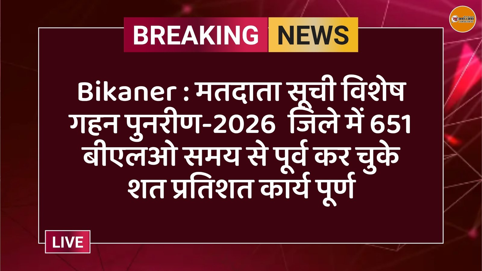 Bikaner : मतदाता सूची विशेष गहन पुनरीण-2026 जिले में 651 बीएलओ समय से पूर्व कर चुके शत प्रतिशत कार्य पूर्ण